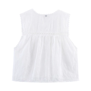White sleeveless cotton shirt featuring floral embroidery and hollow lace trimmings