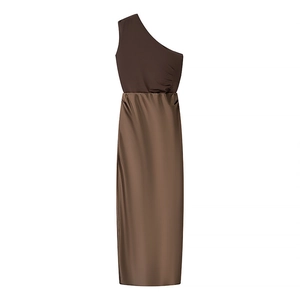 Detail of side ruching and fabric splicing on a brown one-shoulder midi dress
