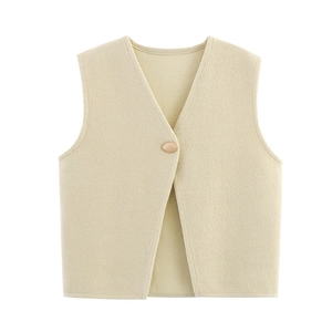 Chic beige V-neck sleeveless knit vest with a decorative gold button for women