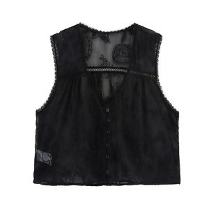 Women's black sleeveless lace vest with floral embroidery and button front closure