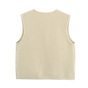 Minimalist cream knit sleeveless vest for women showing smooth back view in white background