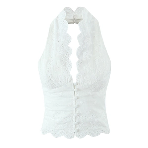 Women Sexy White Lace Halter Backless Cami Top Floral Eyelet Embroidery V-Neck Sleeveless Summer Beach Vacation Tank Top
