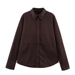 Chemise Femme Décontractée Brun Foncé Simili Daim Manches Longues Blouse Minimaliste Avec Patte De Boutonnage Cachée Et Fermeture Éclair