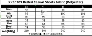 Size chart for casual women's shorts with belt showing detailed fabric and fit dimensions