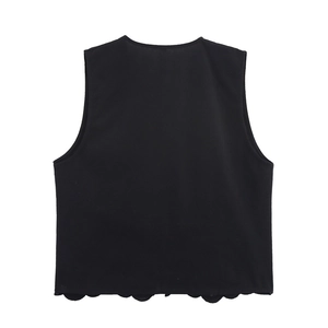 Gilet estivo nero senza maniche da donna con elegante bordo a smerlo e vista posteriore