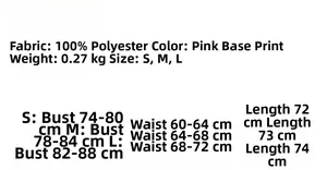 Size chart for floral print polyester dress detailing bust, waist, and length measurements