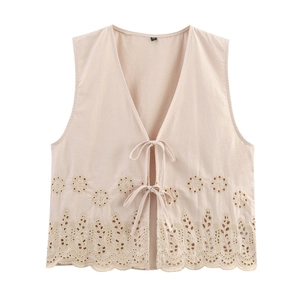 Gilet donna albicocca con scollo a V, ricamo floreale e nastri a fiocco decorativi