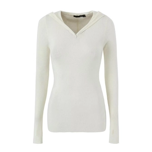 Detailed close-up of white knit hoodie with V-neckline and thumbhole cuff design