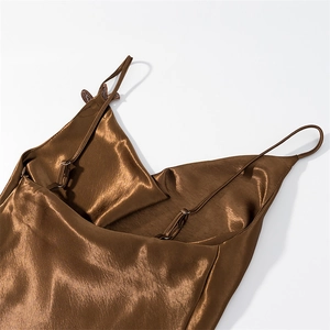 Detailed view of the silk satin brown mini dress with adjustable thin spaghetti straps