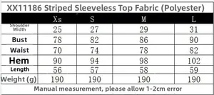 Maattabel met afmetingen voor buste, taille en lengte van het gestreepte patchwork vest