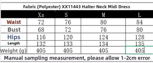 Größentabelle für rückenfreies Halter-Midikleid mit Maßen von XS bis L in cm