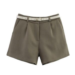 Detailed flat lay of women's olive casual shorts with pleated front and slim white belt