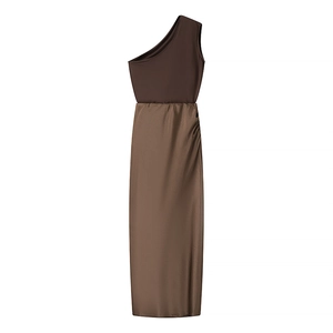 Chic two-tone one-shoulder maxi dress with a coffee brown bodice and satin khaki skirt