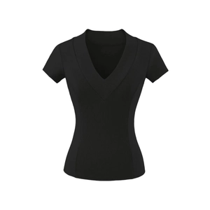 Macro detail of deep V-neckline and ribbed knit texture on a slim fit black t-shirt
