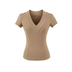 Women Sexy Deep V Neck Short Sleeve T-Shirt Slim Fit Ribbed Knit Cotton Blend Top Basic Summer Solid Color Streetwear