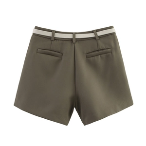 Rear view of high-waisted olive green dress shorts with slim belt and pocket detail