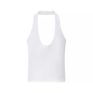 Minimalist white halter neck cropped top with a deep U-neckline in a plain fabric