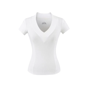 Detailed close-up of overlapping deep V-neck and ribbed texture on white slim-fit T-shirt