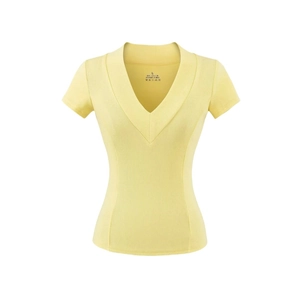 Detail of light yellow deep V-neck tee showing ribbed texture and fabric composition