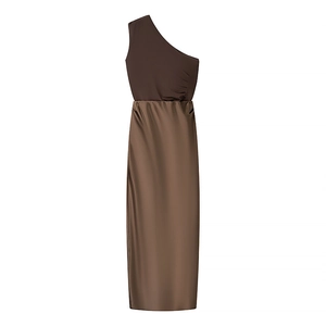 Elegant one-shoulder brown patchwork midi dress with a pleated waist and satin skirt