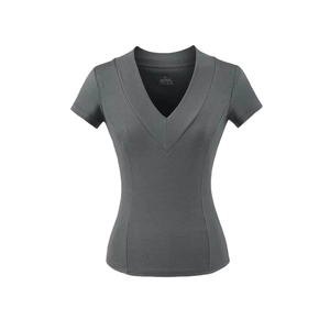 Detail view of deep V-neckline with ribbed texture on a slim-fit dark grey T-shirt