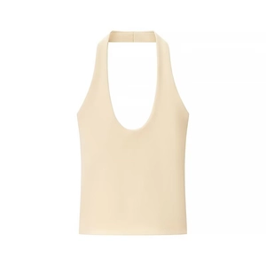 Minimalist beige halter neck crop top with deep U-neck in smooth stretch knit fabric