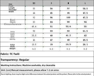 Detailed size chart for poplin shirt including measurements and fabric care instructions