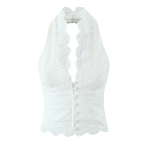 Chic white lace halter top featuring floral embroidery and V-neckline with buttons
