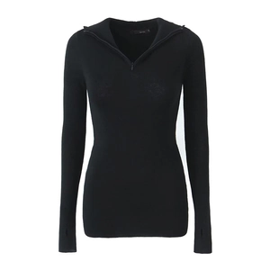 Slim fit black ribbed knit hoodie with half-zip collar and functional thumbhole cuffs