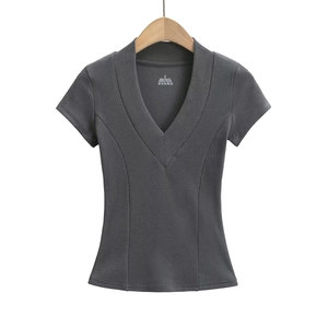 Detailed view of deep V-neck and vertical stitching on dark grey slim fit ribbed T-shirt