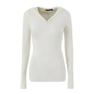 Slim fit cream white hooded knit sweater with deep V-neck and functional thumbholes