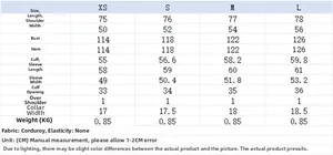 Detailed size chart for corduroy casual jacket including bust and length measurements