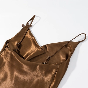 Sleek coffee brown satin mini dress with slim adjustable straps and metallic finish
