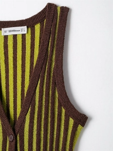 Dettaglio dello scollo a V che mostra la maglia a righe marroni e verde neon con un bottone