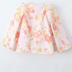 Pink floral printed pleated A-line dress with orange flower patterns and slim fit