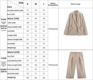 Size guide table for women button blazer and pleated trousers set in polyester fabric