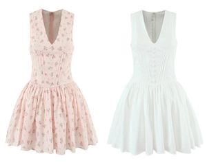 Detail of V-neck lace patchwork mini dress in floral pink and solid white color options