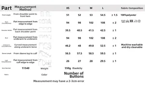 Size chart for women's long sleeve jacket showing measurements from XS to L in centimeters
