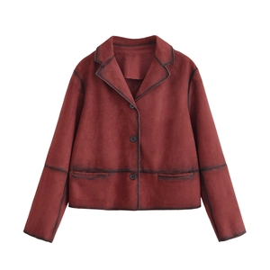 Women Vintage Wine Red Faux Suede Jacket Distressed Edges Lapel Long Sleeve Single Breasted Casual Short Outwear Coat