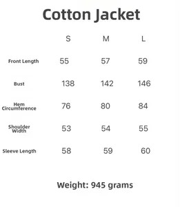 Detailed size chart for French design PU leather padded jacket showing S, M, L measurements