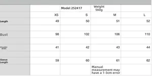 Detailed size chart for women's soft short jacket showing chest and shoulder measurements