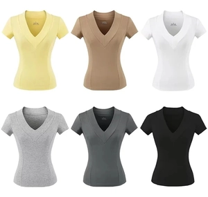 Detail view of various color options for women's V-neck slim fit short sleeve t-shirts