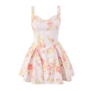 Women's Western Style Pink Floral Print Cami Dress Square Neck Sleeveless Pleated A-Line Mini Dress Summer Party Vacation