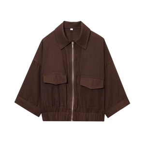 Damen Casual Utility Cargo Jacke Kurz Lockere Passform Einfarbig Revers Langarm Reißverschluss Oberbekleidung Mit Großen Taschen