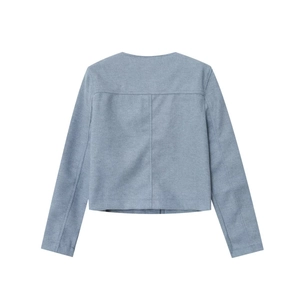 Back view of grey-blue cropped jacket showing minimalist stitching and wool-like texture