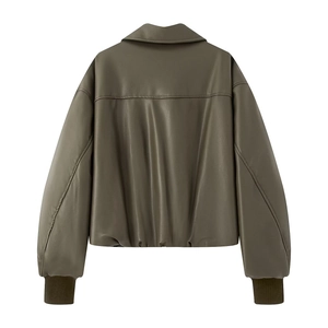 Rear view of women's dark olive green PU leather jacket with ribbed cuffs and hem
