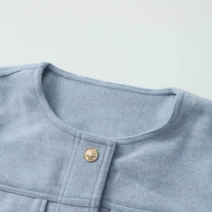 Close-up of light blue wool jacket neckline featuring a decorative gold embossed button