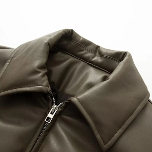 Detail view of brown PU leather jacket collar with premium silver zipper and stitching