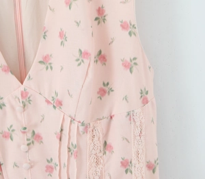 Close-up of V-neck summer dress with floral print, fabric buttons and lace details