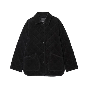 Women's black quilted corduroy jacket with classic collar and double front patch pockets